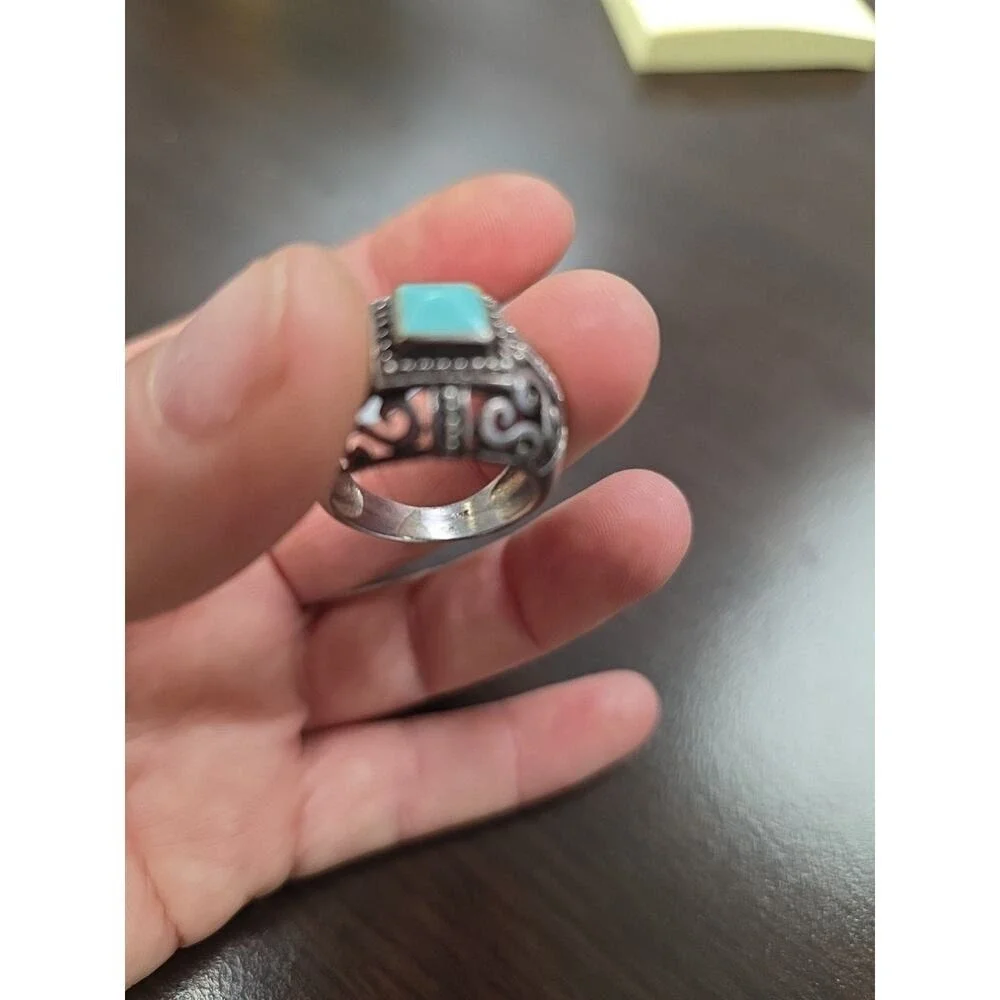 Vintage Native American Sterling Silver Inlaid Turquoise Coral Ring Size‎ 7